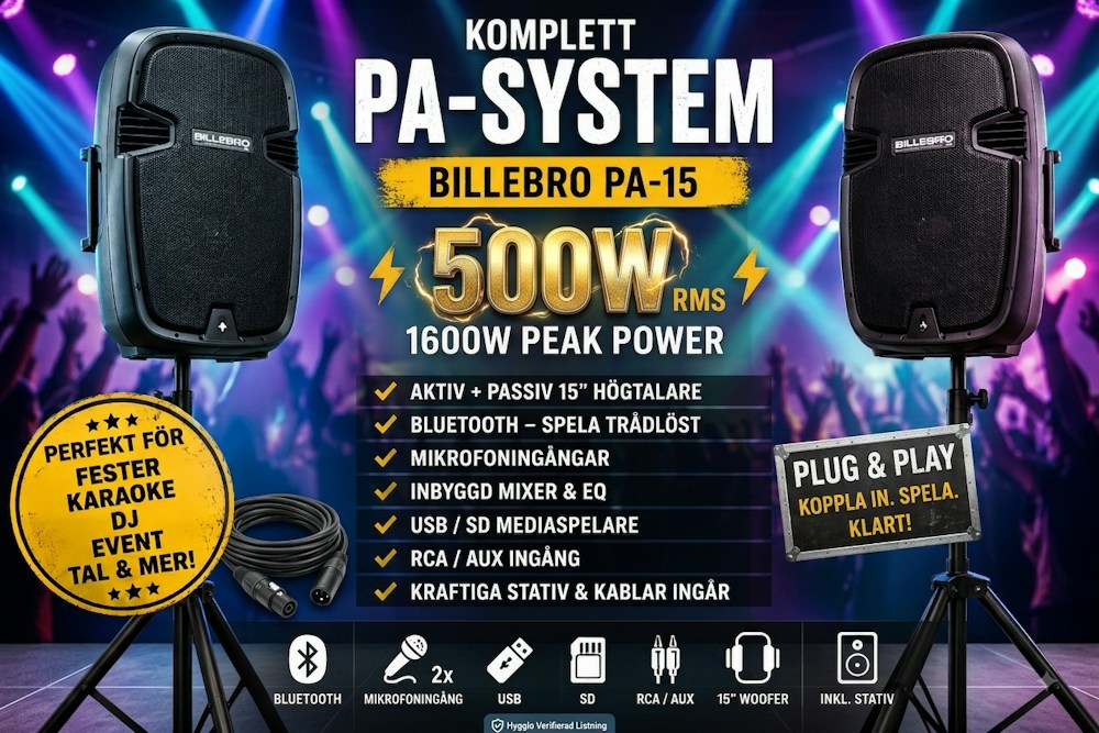 PA-system för tal, fest & event – 2 högtalare + 2 mikrofoner, 150 pers