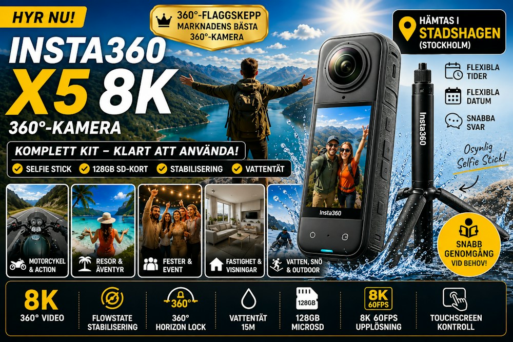 Insta360 X5 8K – 360°-kamera för resor, skidåkning & action, komplett kit