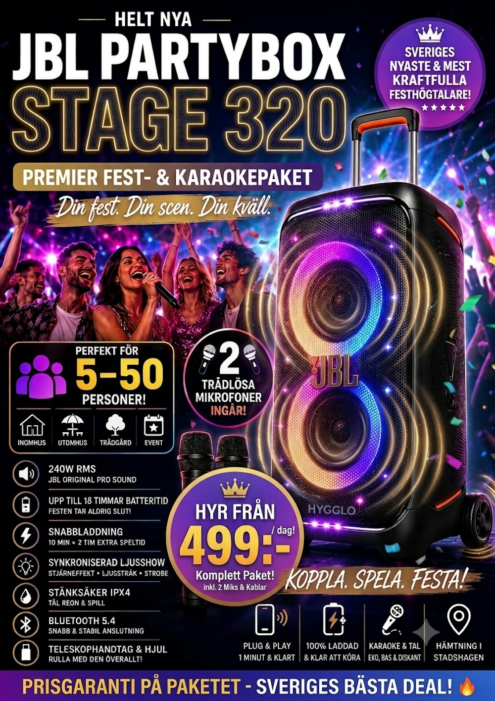 Karaoke & Festpaket | Upp till 50 Pers | JBL Stage 320 + 2 Trådlösa Mics