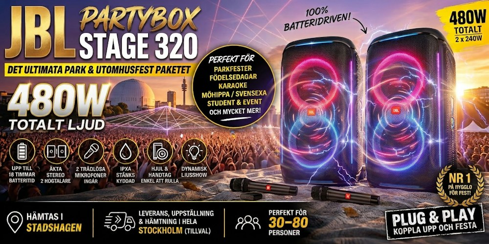 Komplett festpaket – 2× JBL PartyBox 320 + 2 trådlösa mikrofoner, batteridrivet