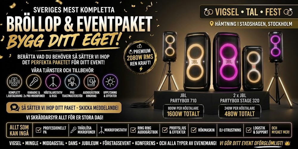 Komplett event- & bröllopspaket – 4 JBL-högtalare, mikrofoner & stativ, ca 300 pers