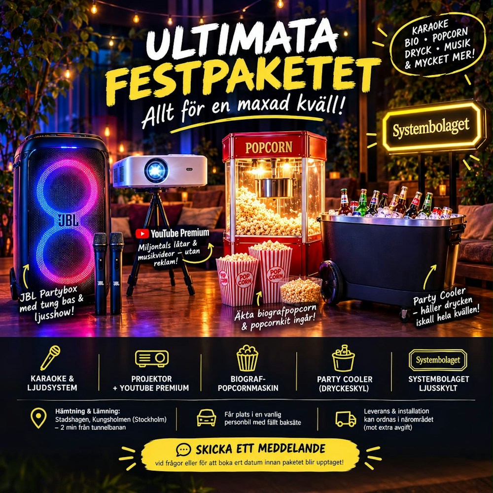 Komplett festpaket – karaoke, filmkväll, popcorn & partykyl
