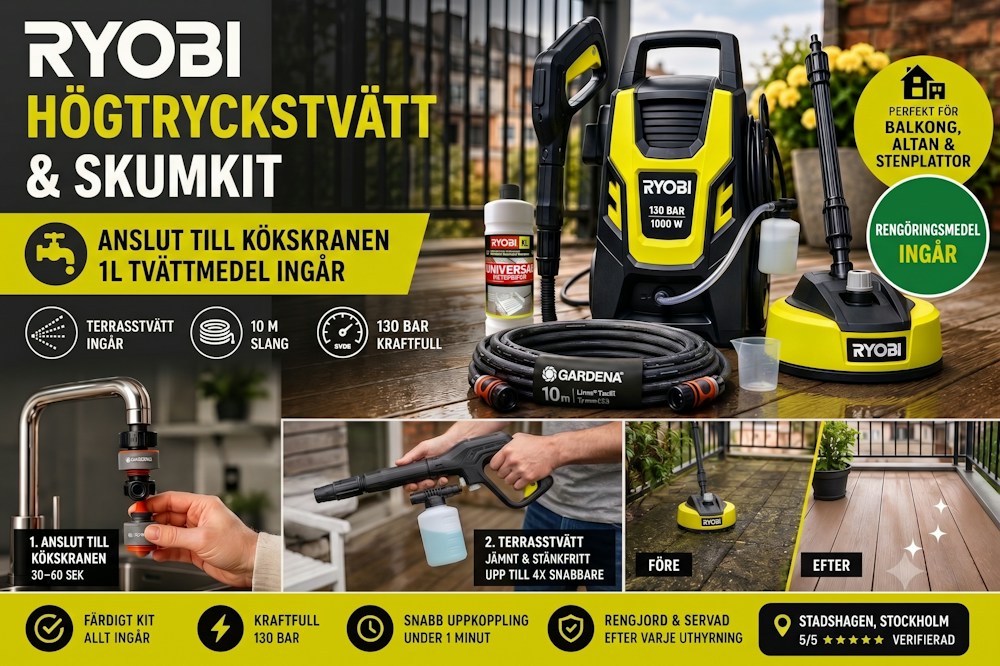 Ryobi Högtryckstvätt / Pressure Washer – Kitchen Tap & Detergent Included /