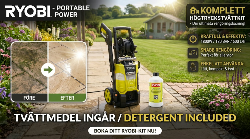 Ryobi högtryckstvätt 130 bar – tvättmedel ingår