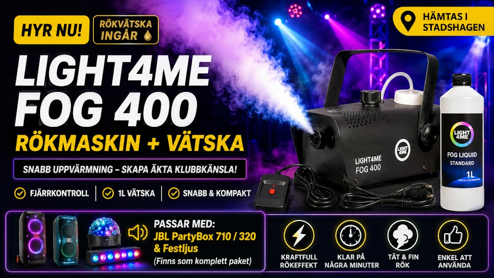 Rökmaskin + rökvätska ingår – klubbkänsla för fest, DJ & bröllop