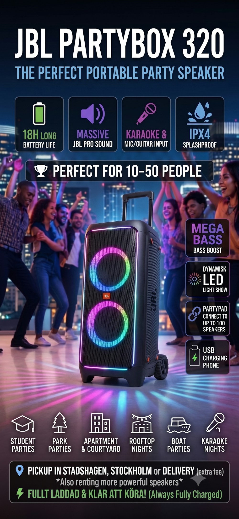 JBL PartyBox 320 | Högtalare för fest, karaoke, bröllop & student | 50 pers