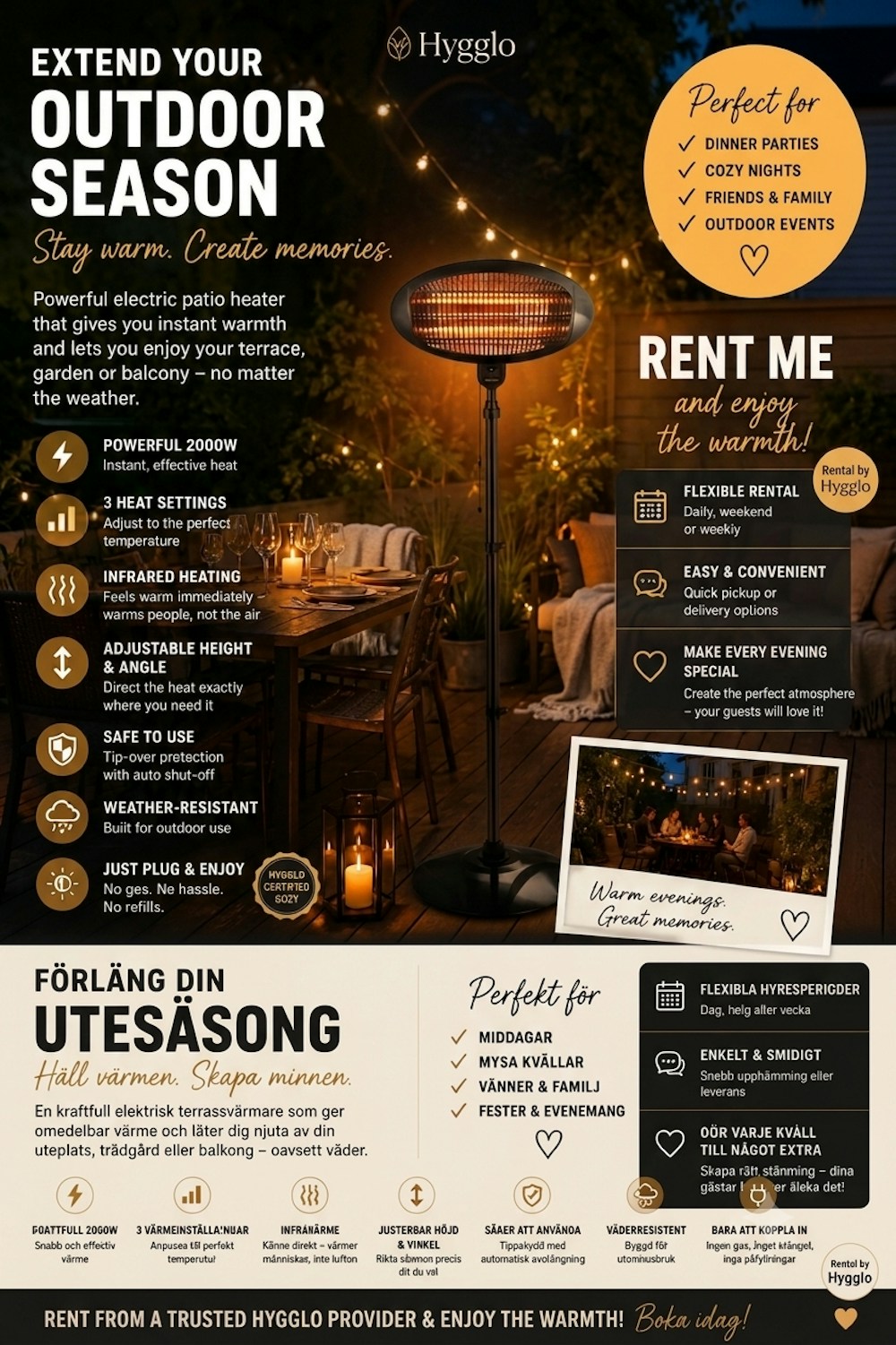 🔥 Terrassvärmare för Kvällar Utomhus | 2000W Infravärme | Balkong, Uteplats & F